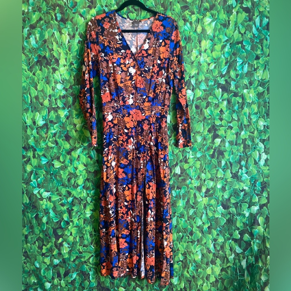 ICHI - Floral Long Sleeve Dress - Blue and Brown